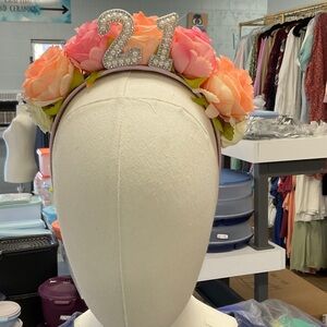 Floral '21' Headband - Pink Peach Flower Party Headpiece